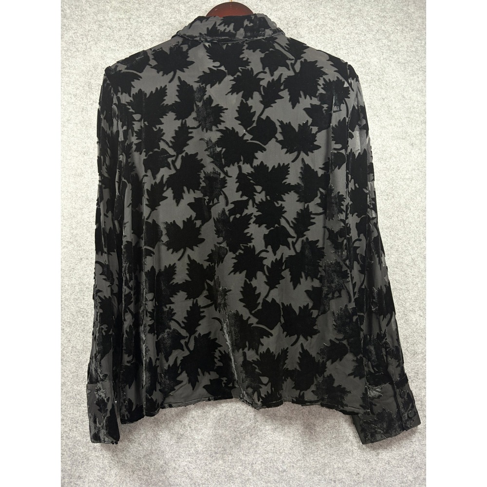Vintage Express Silk Blend Velvet Burnout‎ Leaf Blouse Black Grey Large Devore - Picture 10 of 10